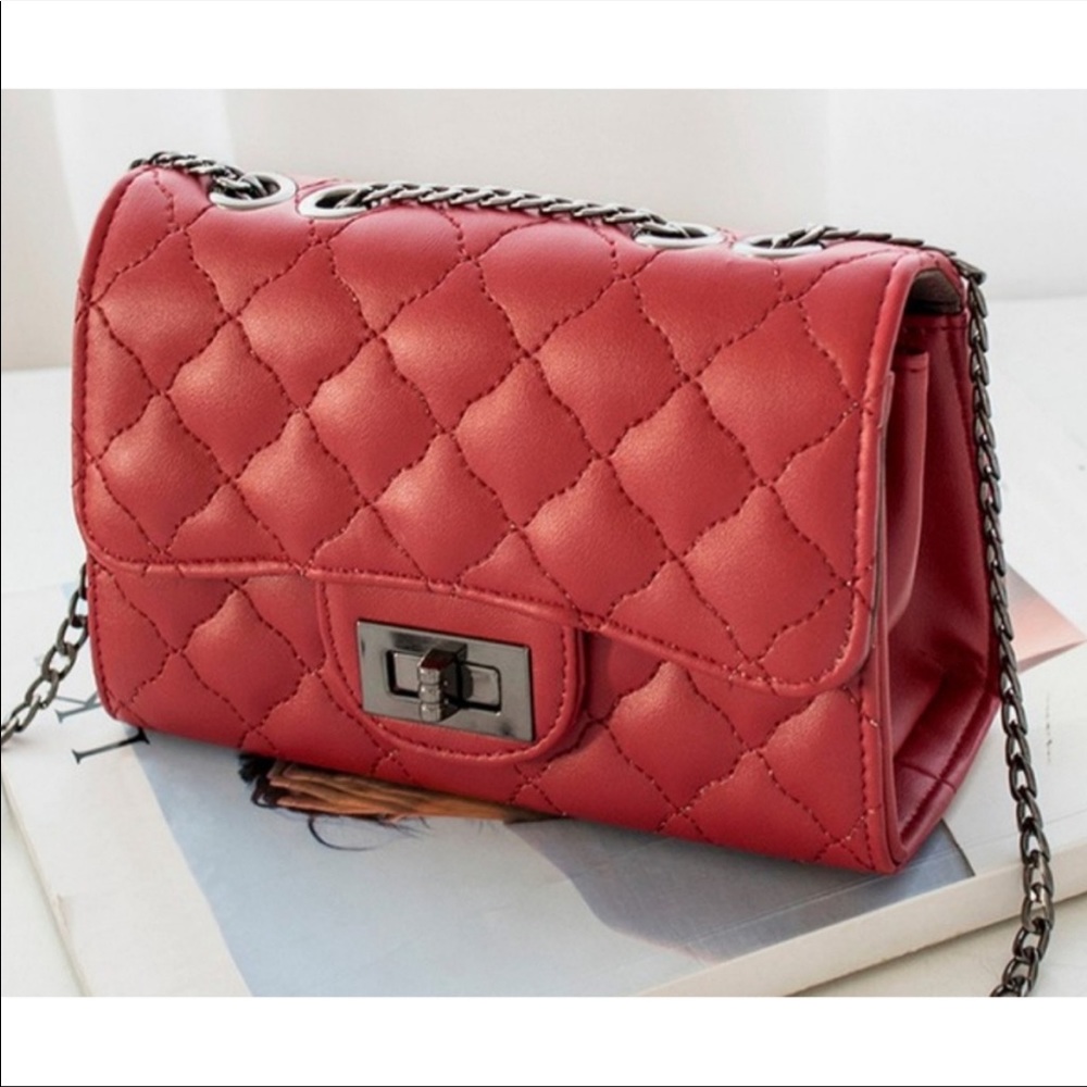 New! Quilted Vegan Red Leather Convertible Crossbody Bag